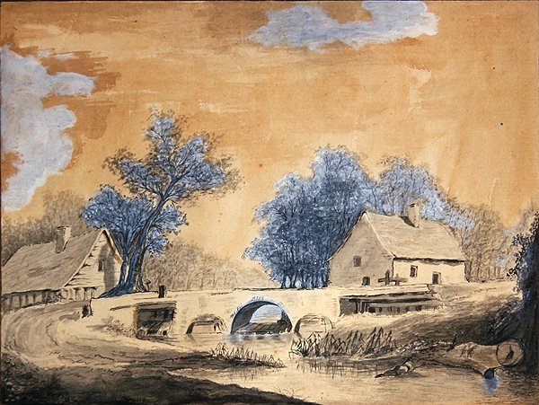 Udsigt over en lille bro nær Amsterdam, slutningen af det 18. århundrede (pen, blæk og vask på papir) af Louis Francois Cassas