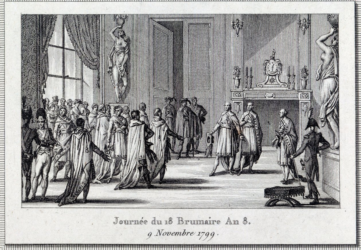Konsulat: "" Napoleon Bonaparte (1769-1821) ved Saint Clouds møde den 18. brumaire (9/11/1799)" Statskuppet for de 18 brumaire af Napoleon Bonaparte ved Rådet for Fem Cents (Fem Cents) ) (værelse på 500), beskyttet af grenaderer, afslutter D af Louis Francois Couche
