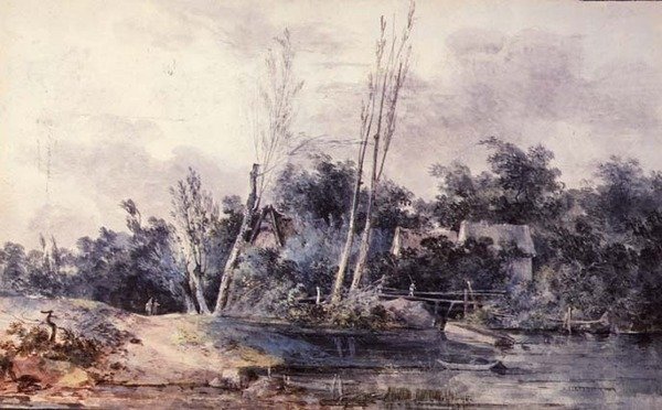 Sommerhuse og pil ved et vandløb med figurer af Louis Gabriel Moreau