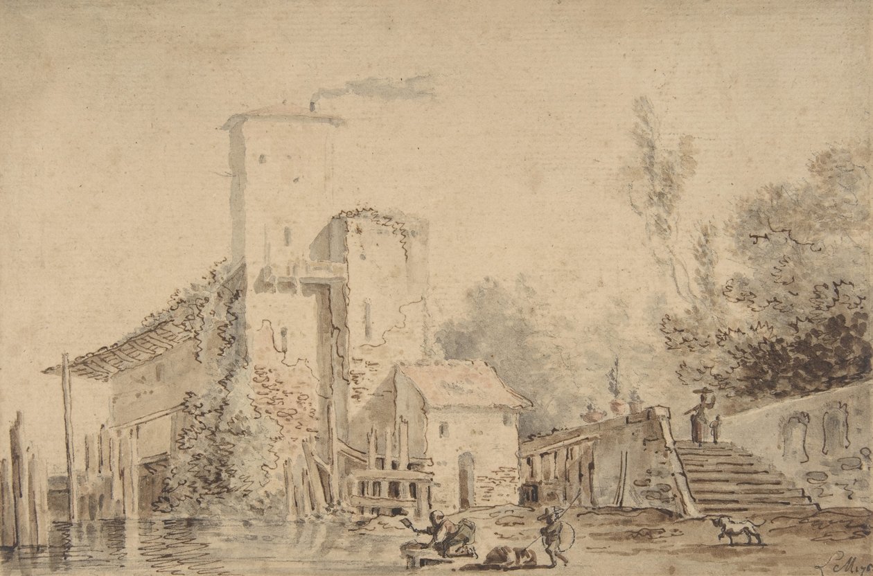Bondegård ved en flod med figurer, 1765. af Louis Gabriel Moreau