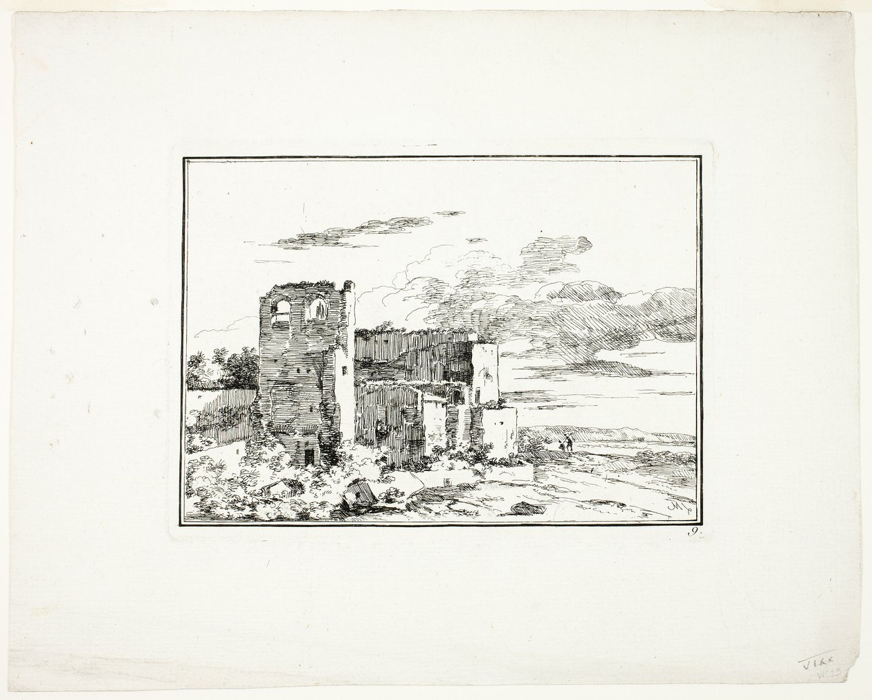 Ruinerede bygninger nær en flodbred, plade 9 fra Quatrieme suite de paysages dessinés et grave a l