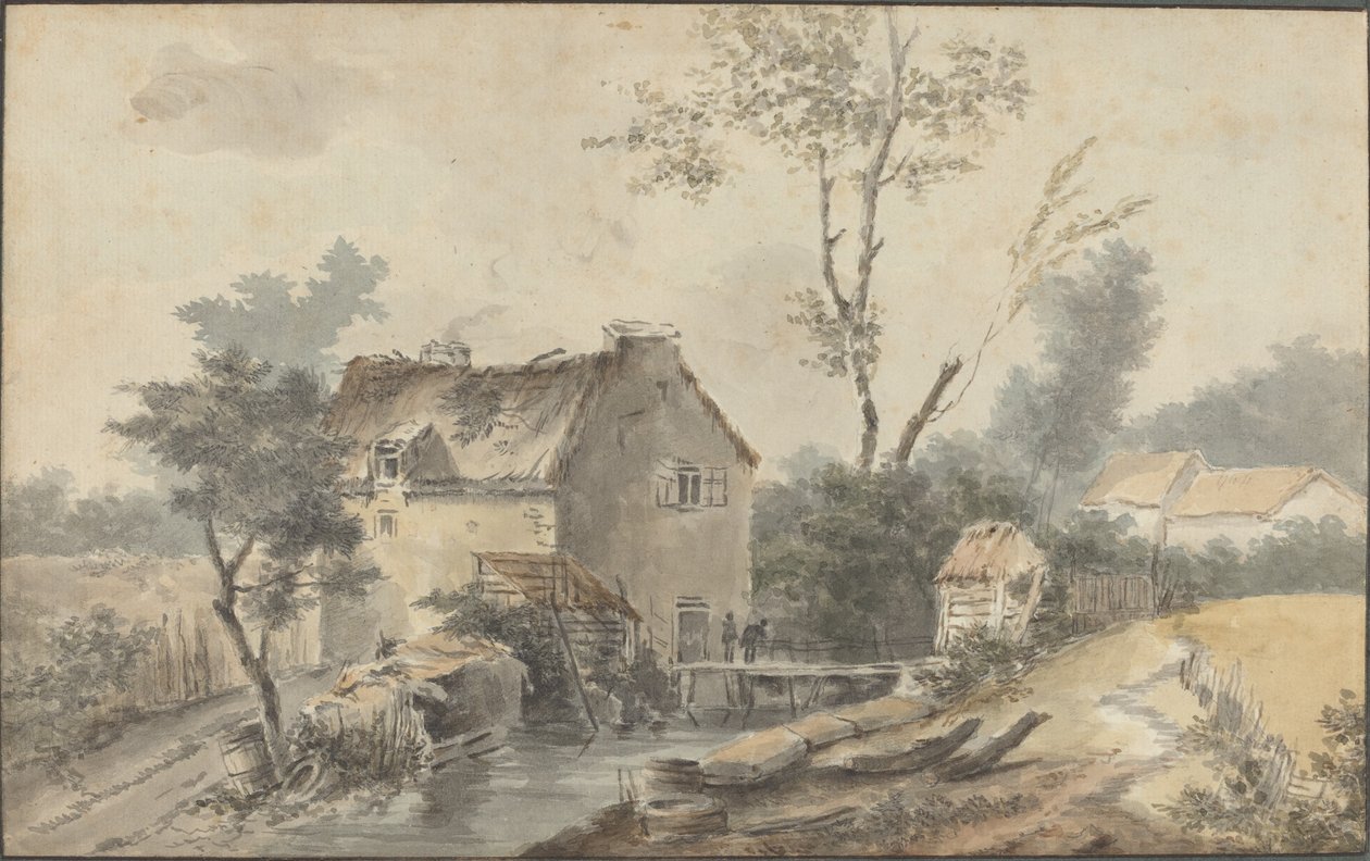 Mølle med bro og figurer af Louis Gabriel Moreau the Elder