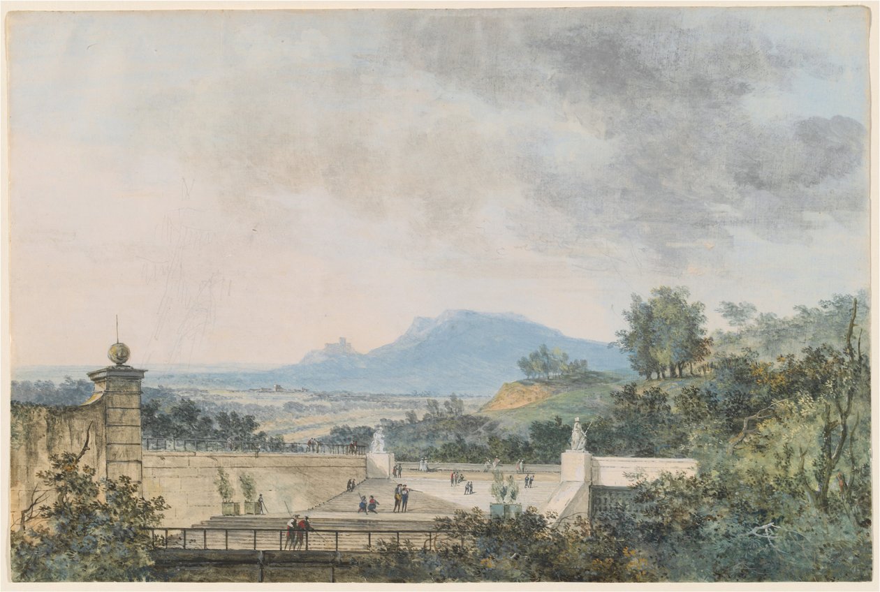 Panoramaudsigt over en terrasseret park af Louis Gabriel Moreau the Elder