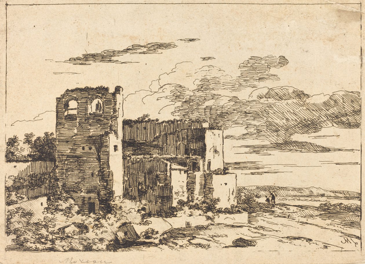 Ødelagte bygninger nær en flodbred af Louis Gabriel Moreau the Elder