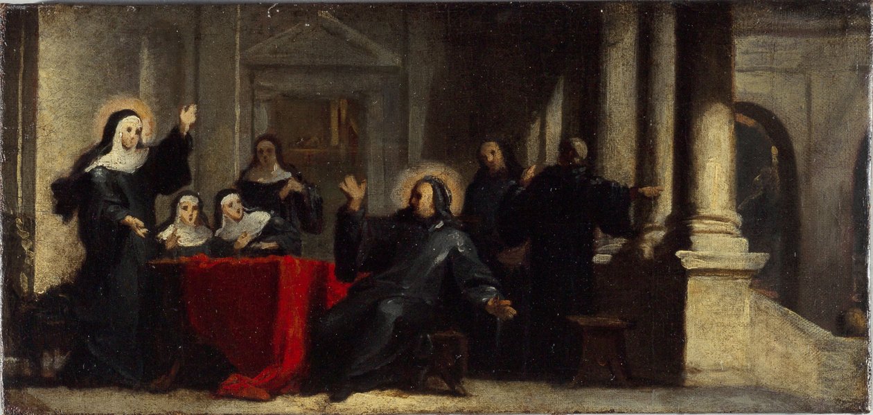 Sankt Scholastika får regn og torden fra himlen for at forhindre Sankt Benedikt i at forlade hende. Skitse til maleriet i refektoriet i klosteret Saint-Martin-des-Champs, ca. 1706 (olie på lærred) af Louis Galloche