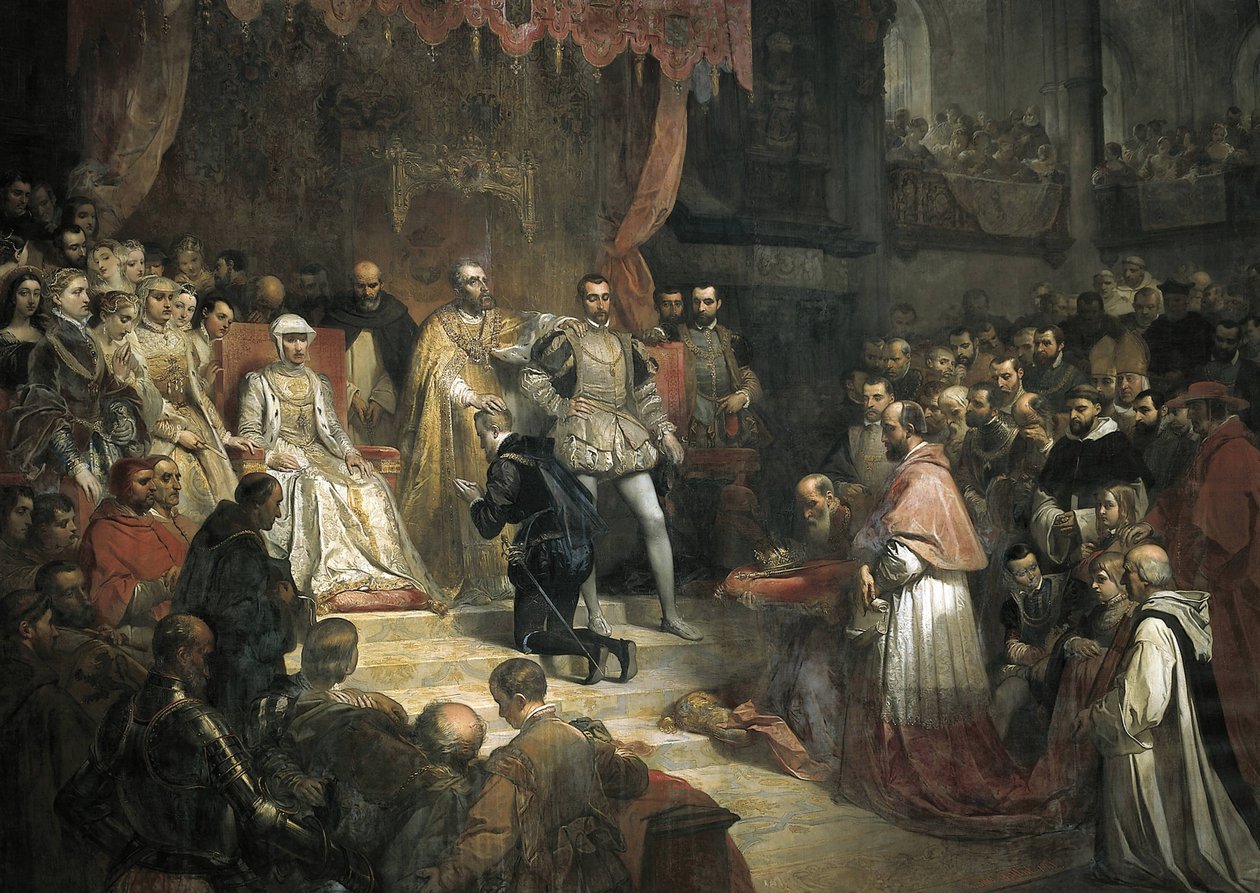 Abdikationen af Karl V (1500-1558) til fordel for hans søn Filip II (1527-1598) af Louis Galna