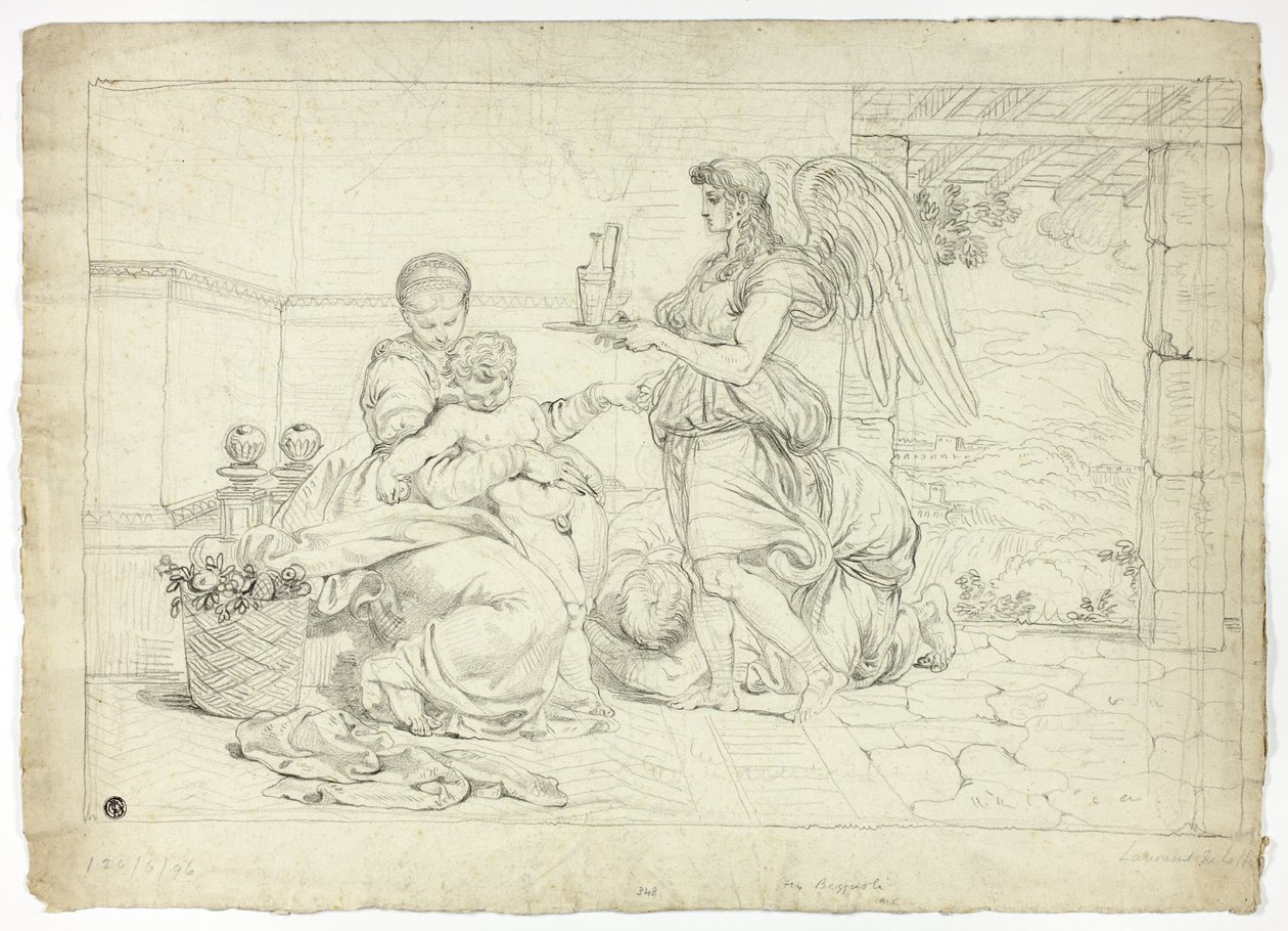 Den hellige familie med engel, der bærer æggestok (recto); højre halvdel af skitse til lunette (verso) af Louis Gauffier