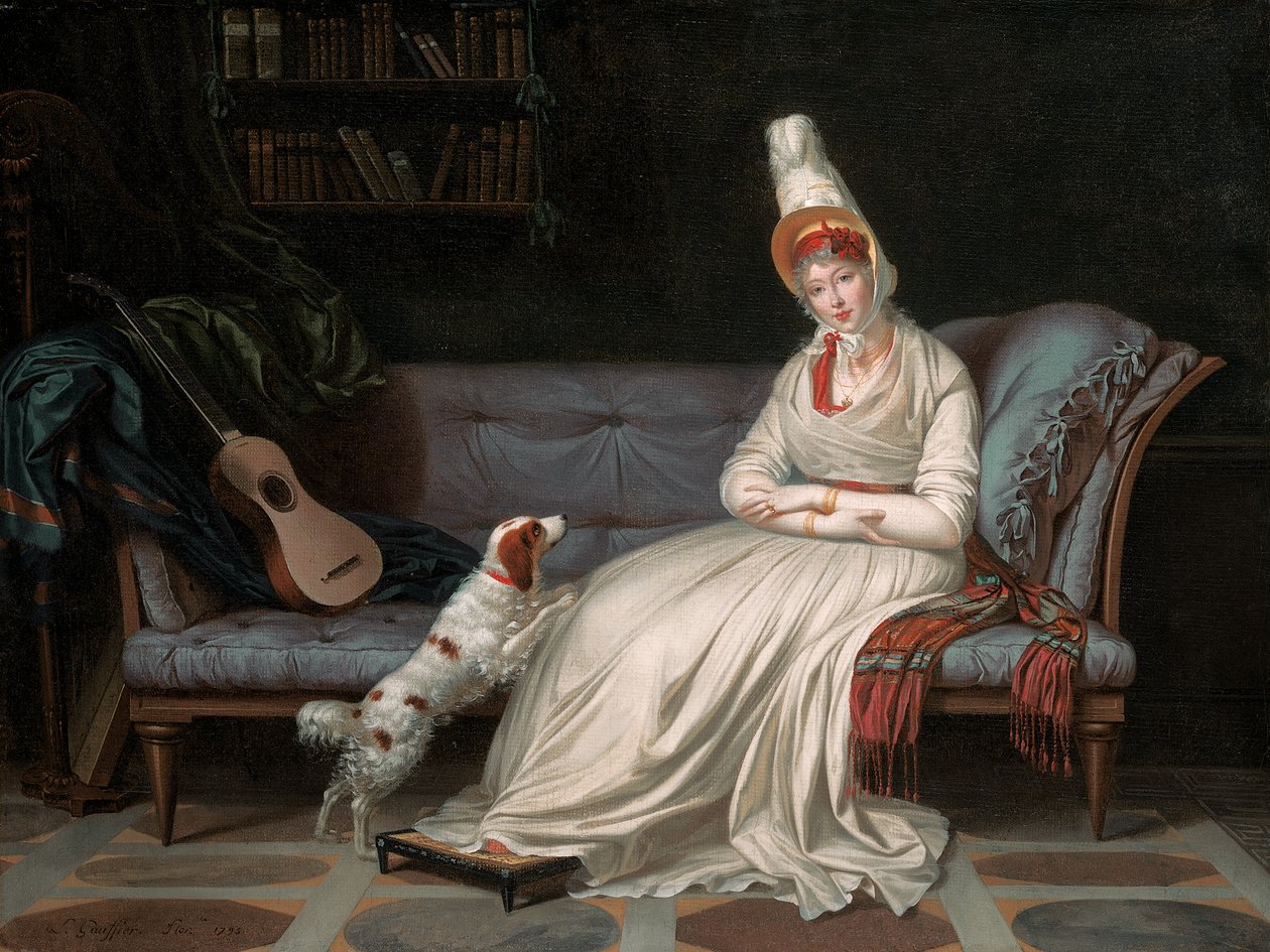 Portræt af Elizabeth, Lady Webster, senere Lady Holland, i en hvid kjole med sin spaniel Pierrot, ca. 1795 af Louis Gauffier