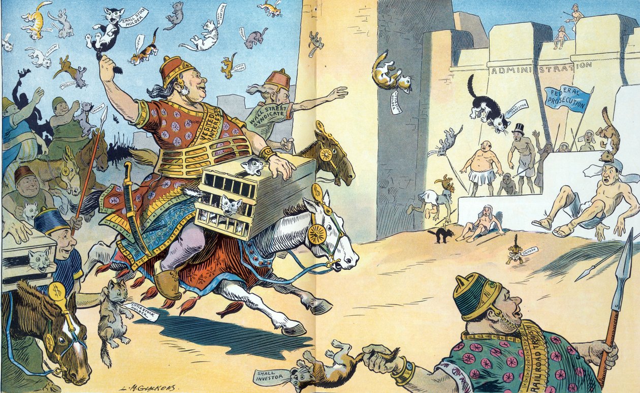 Perserne fra Wall Street og egypterne fra Washington 1907. Illustrationen viser slaget ved Pelusium med perserne identificeret som havende "Vested Interests". af Louis Glackens