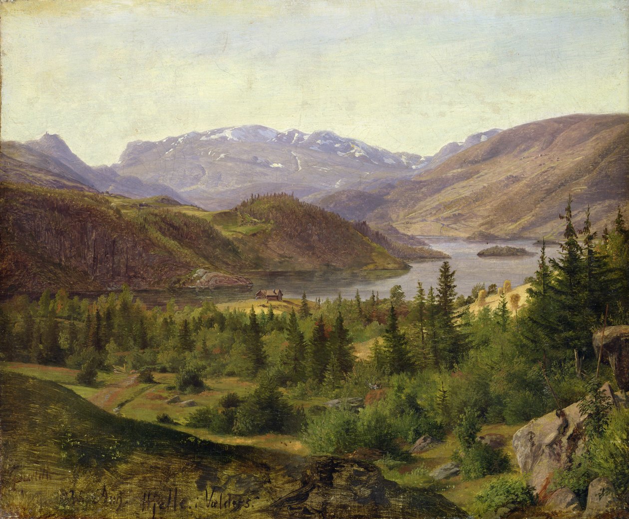 Hjelle i Valders, Tile Fjord, 1835 (olie på lærred på pap) af Louis Gurlitt