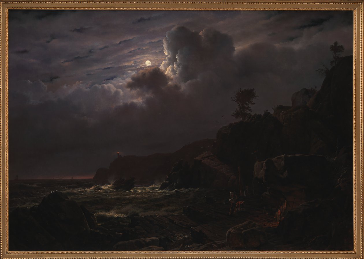 Udsigt over Kullen i Sverige. Smuglere gemmer deres varer blandt klipperne. Måneskin af Louis Gurlitt