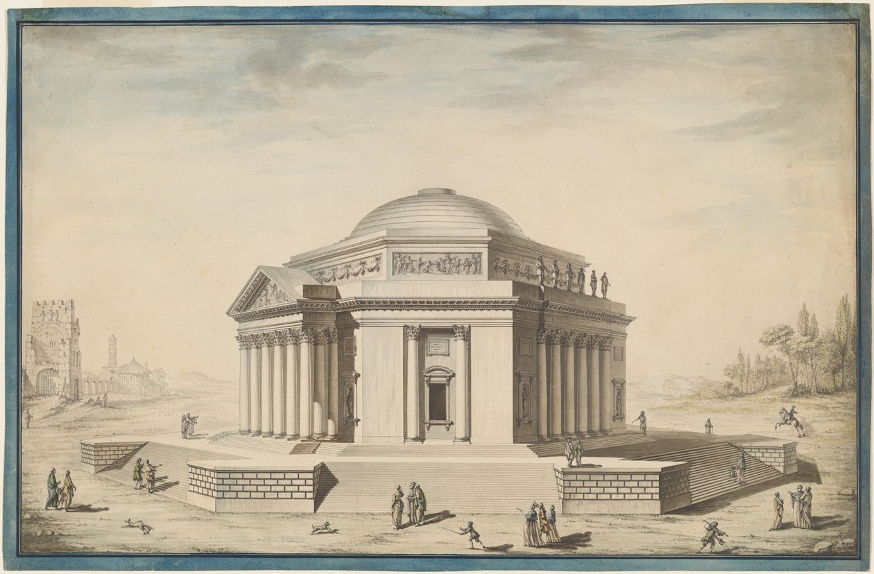 Sekskantet tempel i et italiensk landskab af Louis Gustave Taraval