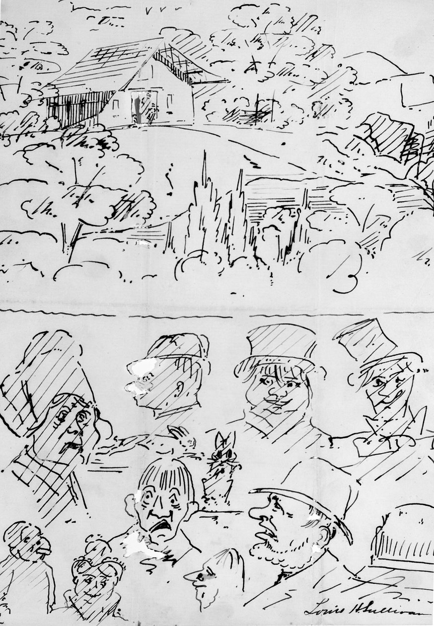 Landskab med bygning (øverst) og karikaturstudier af hoveder (nederst) af Louis H. Sullivan