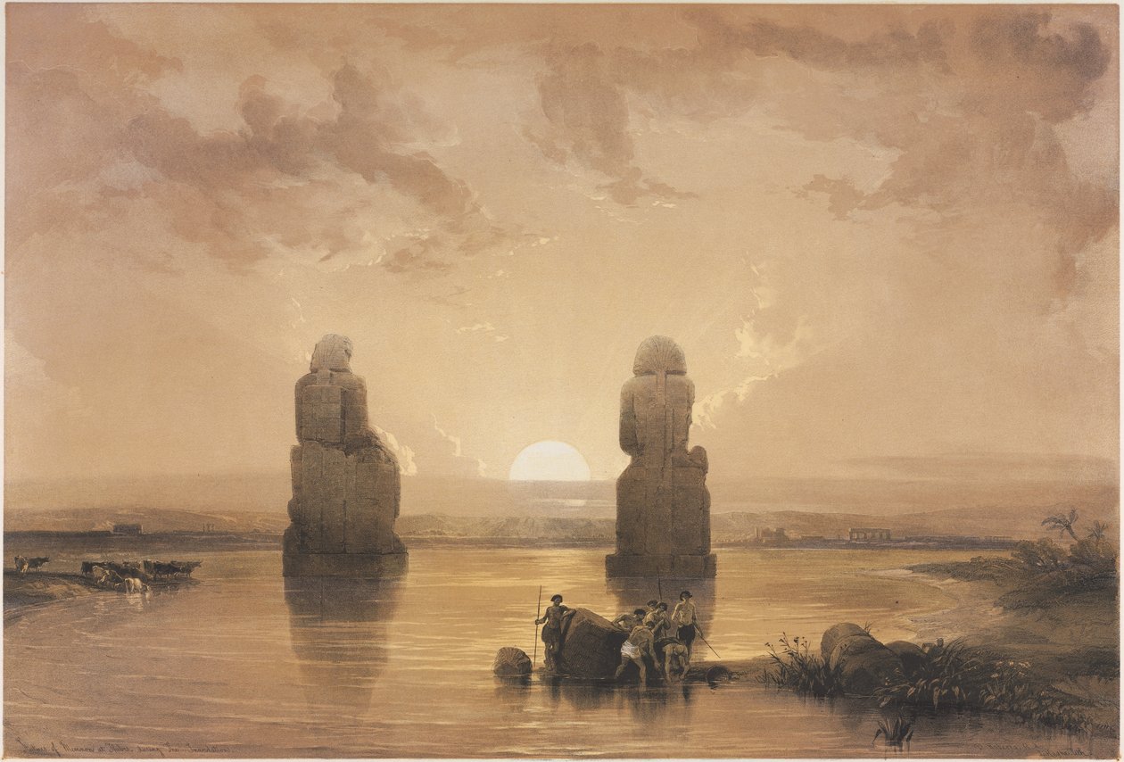 Egypten og Nubien, bind II: Statuer af Memnon ved Theben, under oversvømmelsen, 1848. af Louis Haghe