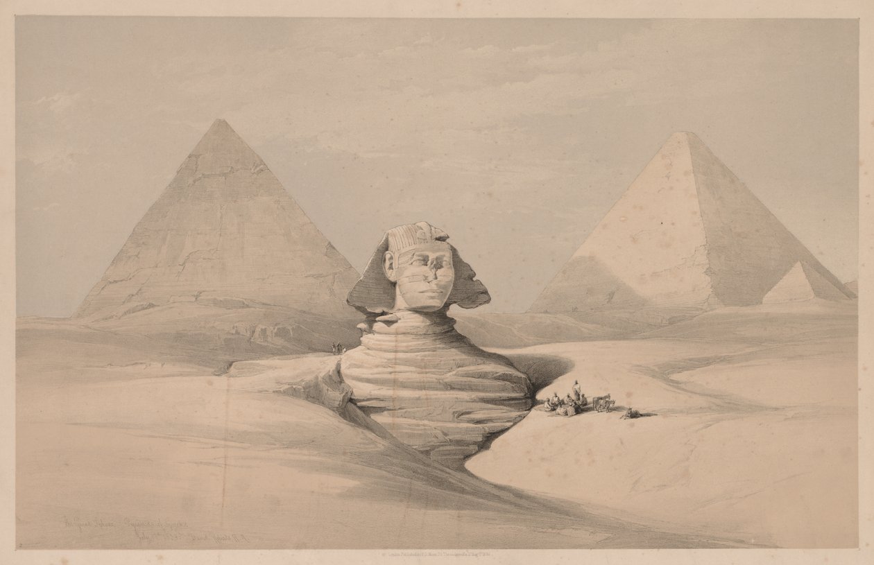 Egypten og Nubien: bind I - nr. 18, Den store sfinks, Pyramiderne i Gizeh, set forfra af Louis Haghe