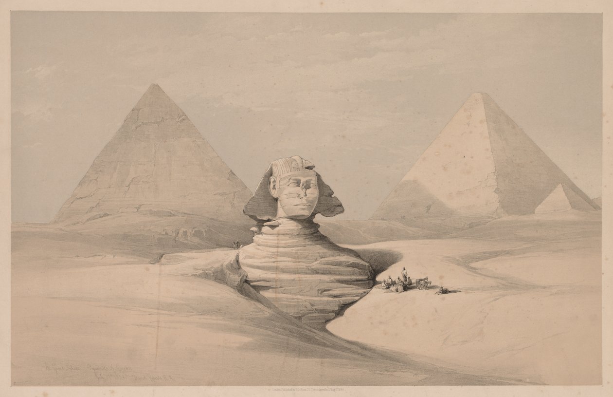 Egypten og Nubien: bind I - nr. 18, Den store sfinks, Pyramiderne i Gizeh, set forfra, 1839. af Louis Haghe