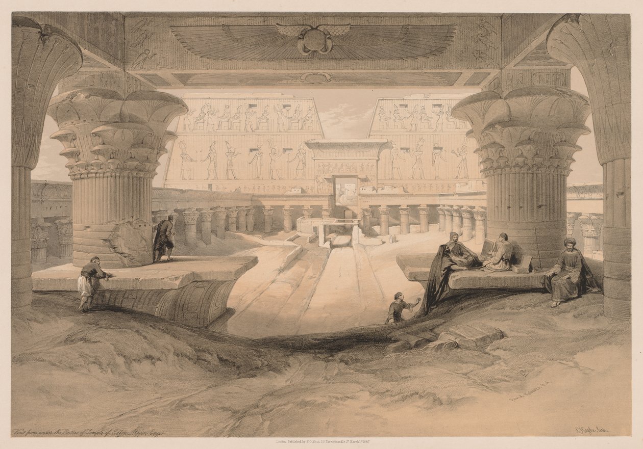 Egypten og Nubien: Bind I - nr. 32, Udsigt fra under portikoen af Edfou-templet, Øvre Egypten af Louis Haghe