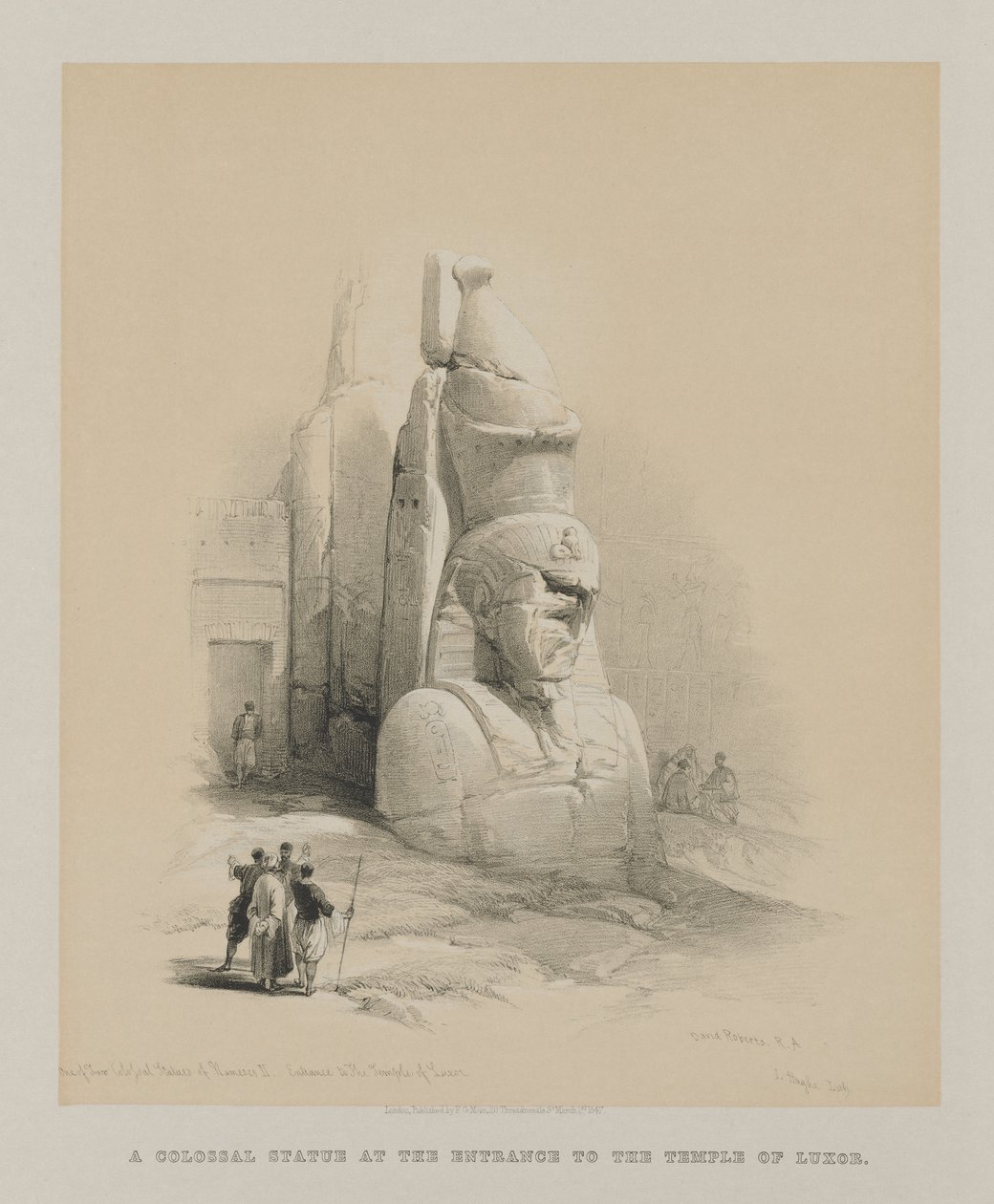 Egypten og Nubien, bind I: En af to kolossale statuer af Ramses II. Indgang til Luxor-templet af Louis Haghe