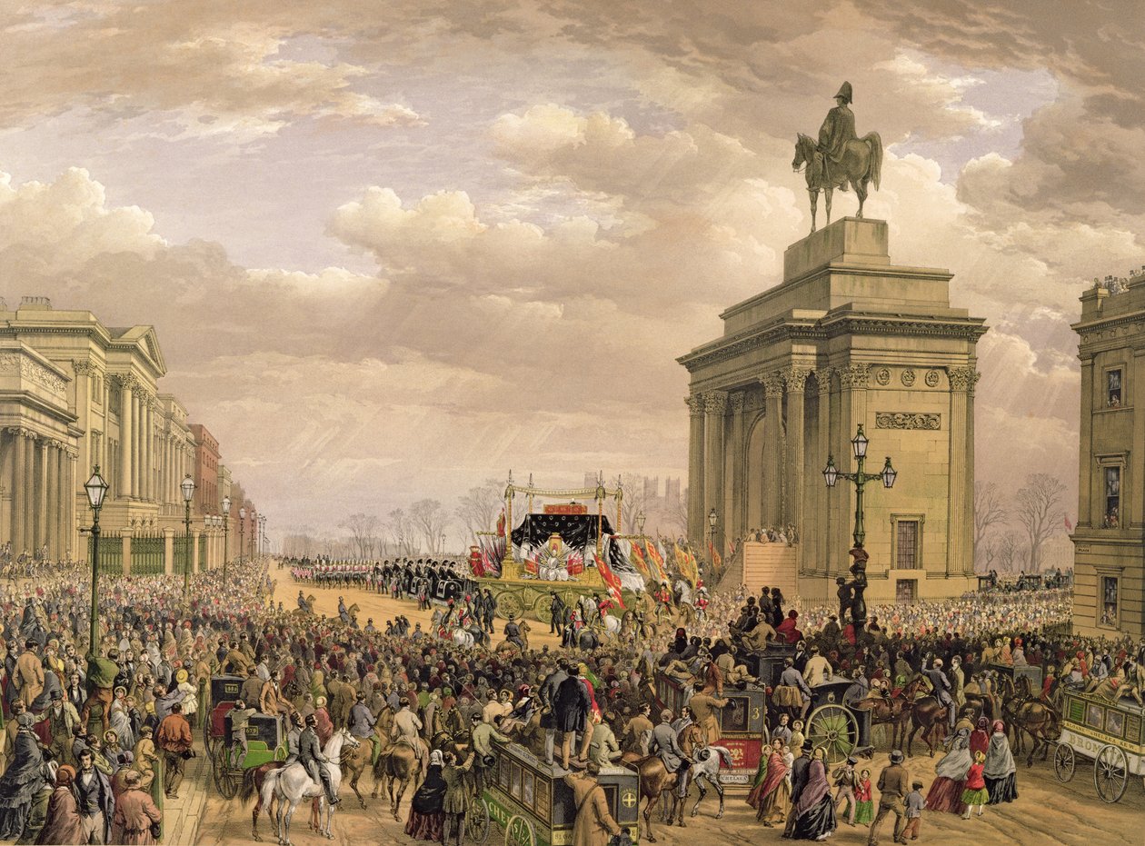 Begravelse af hertugen af Wellington, begravelsesvognen, der passerer buegangen ved Apsley House, 18. november 1852, indgraveret af Thomas Picken (fl. 1838-1870), pub. af Ackermann og Day, 1853 af Louis Haghe