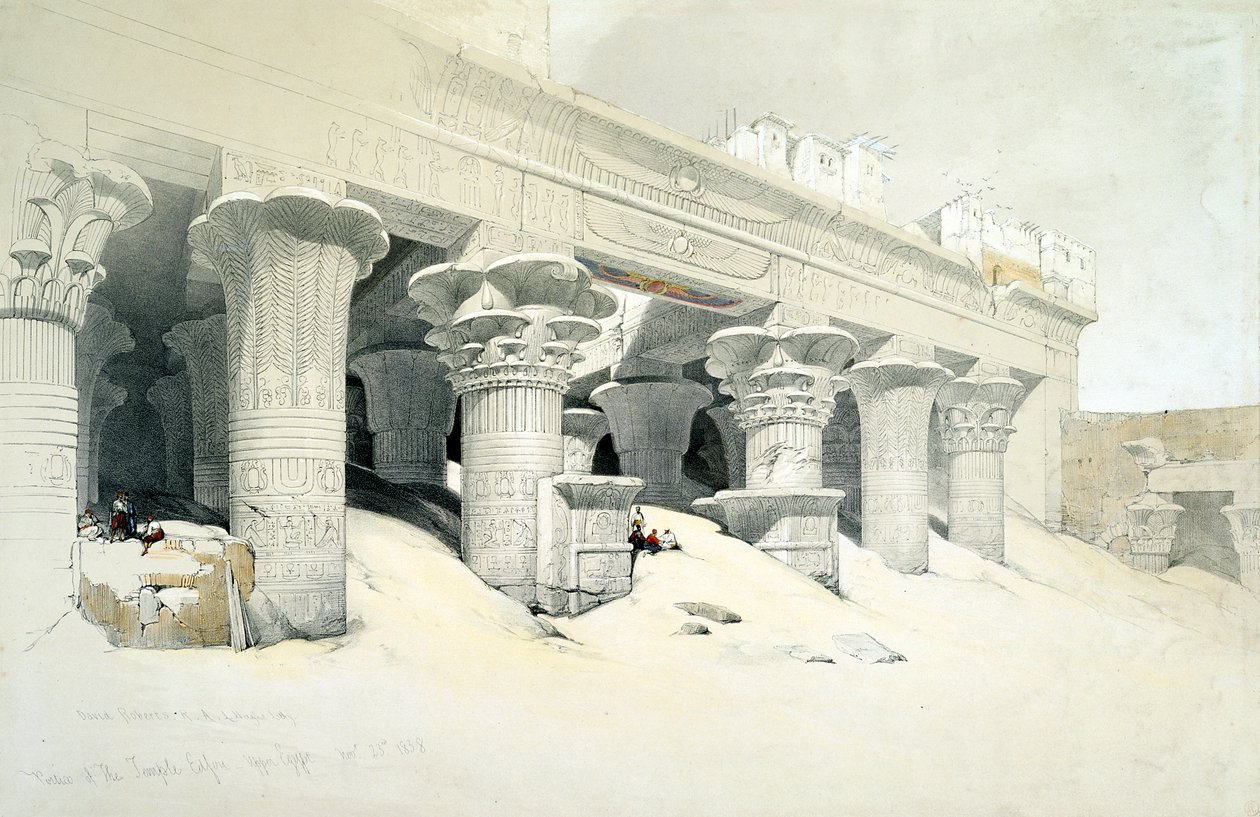 Portiko af sandstentemplet i Edfu dedikeret til den falkehovedede gud Horus, Egypten, 1838 af Louis Haghe