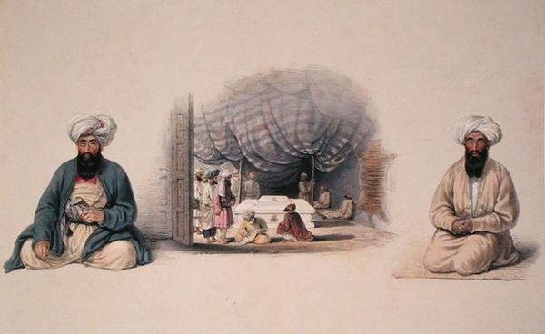 Khan Shereen Khan og Hagee Khan Kaiker flankerer et indre billede af Dost Mohameds grav, fra Characters and Costumes of Afghuanistan