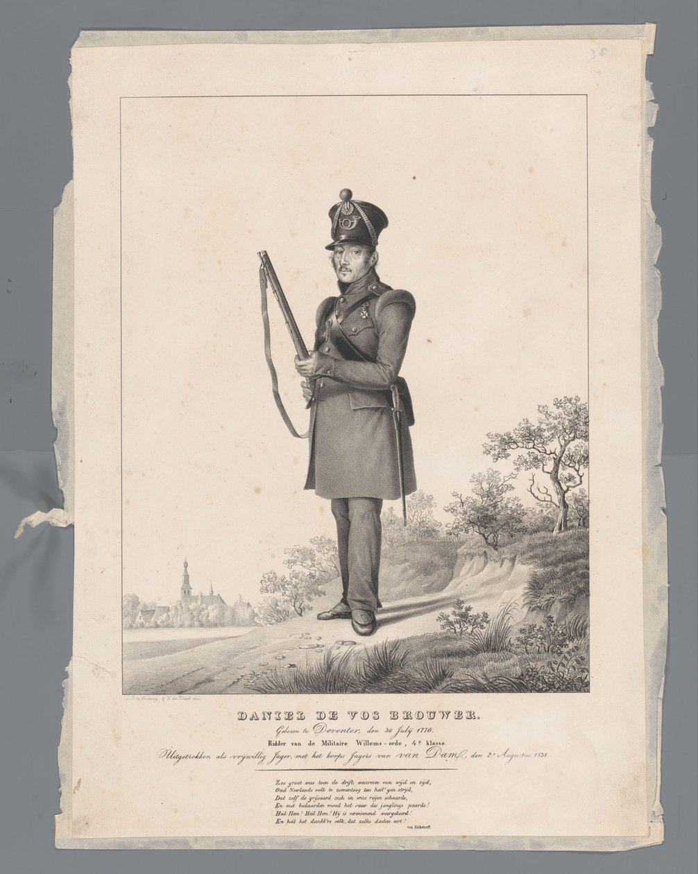 Daniel deVos Brygger. Født i Deventer, den 30. juli 1770. Ridder af den militære Vilhelmsorden, 4. klasse. Træk ud som frivillig jæger med Van Dam Hunters Corps, 2. august 1831 af Louis Henri de Fontenay