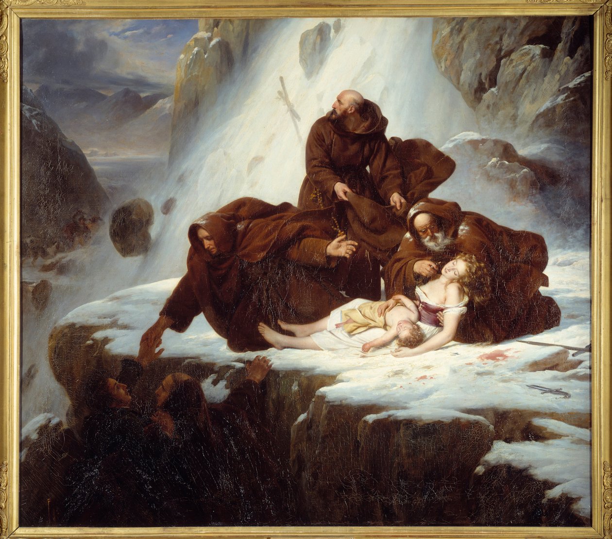 De religiøse på hospice Saint Gotthard (San Gottardo) giver nødhjælp til familier, der er ramt af soldaterne Maleri af Louis Hersent (1777-1860) 1824 af Louis Hersent