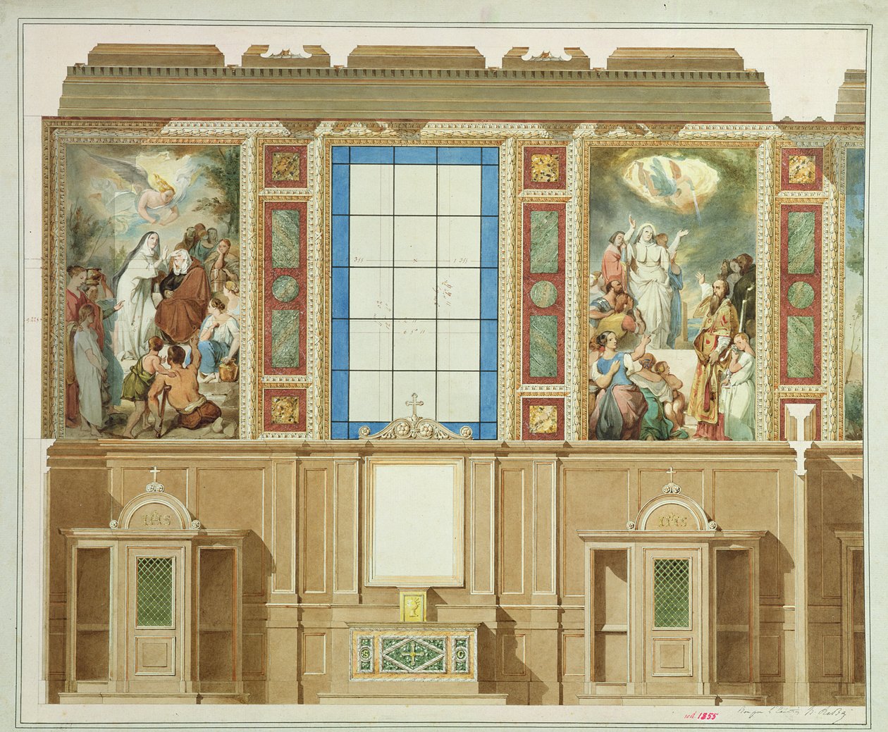 Detalje af et af kapellerne under sideskibene, fra projektet til udsmykning af Notre Dame de Lorette-kirken, 1855, farvelitografi af Louis Hippolyte Lebas