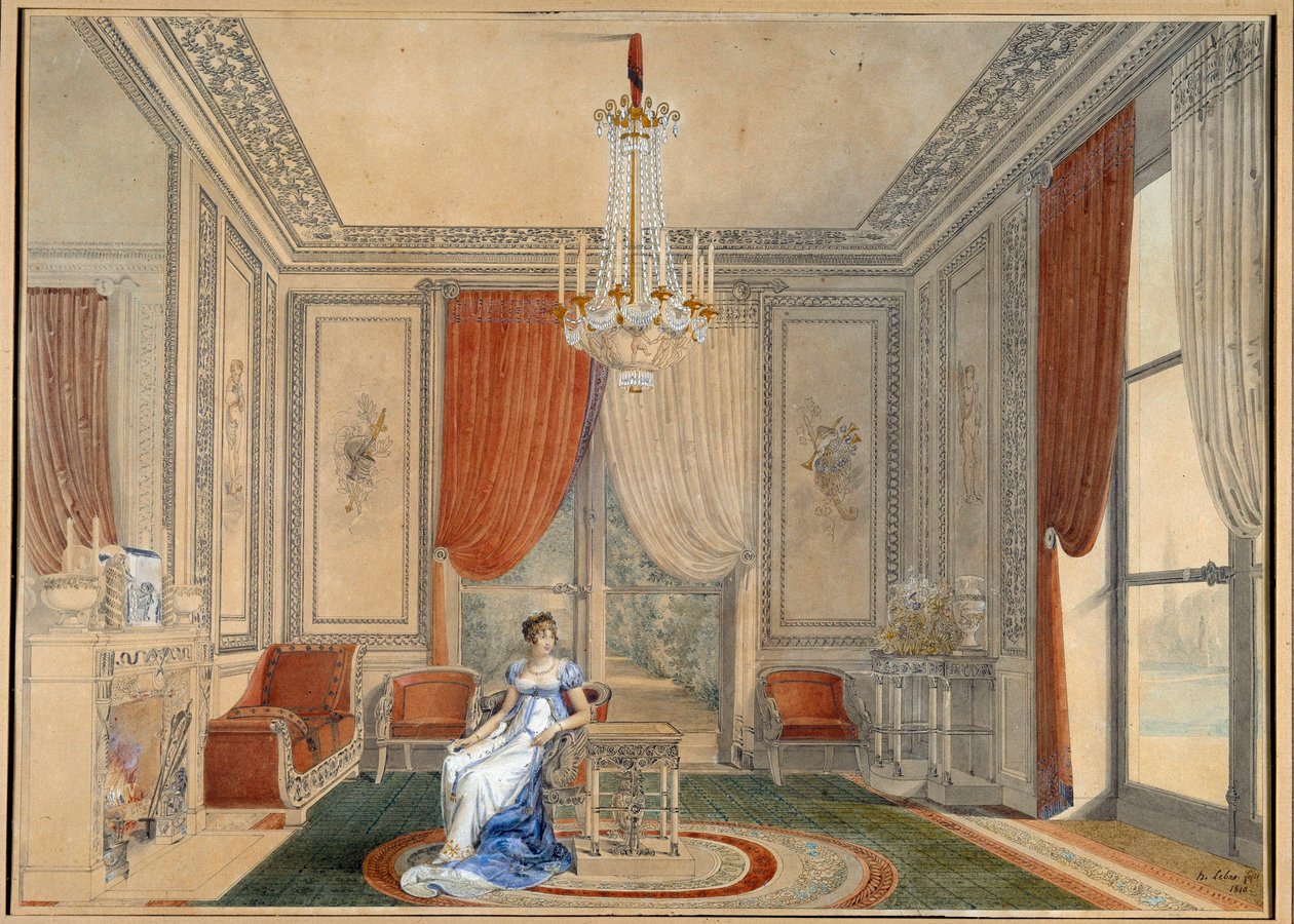 Udsigt over sølvsalonen ved Elysee-paladset i Caroline og Joachim Murats tid. Akvarel af Louis Hippolyte Lebas (1782-1867) 1810 privat samling af Louis Hippolyte Lebas