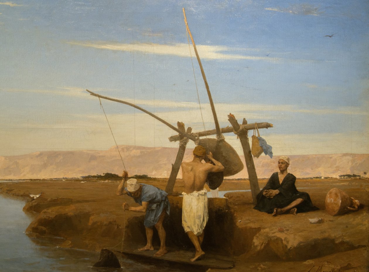 En Shadouf i Øvre Egypten (Olie På Træ fra 1874) af Louis Hippolyte Mouchot