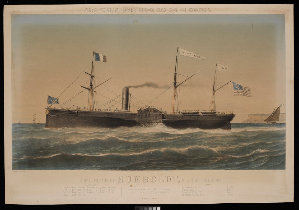 New York  Havre Steam Navigation Company U.S. Mail Steamship Humboldt, D Lines, Commander af Louis Honore Gamain