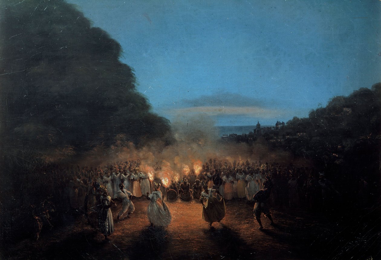 Bamboula danser engang bambus (eller pinde) i Vestindiens sorte slavedansescene i lyset af fakler. Maleri af Honore Gamain (1803-1871) La Rochelle fra det 19. århundrede, Museum of the New World af Louis Honore Gamain