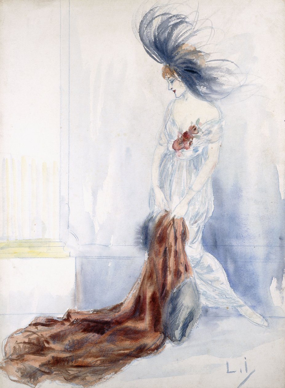 Elegant dame med plymerhat og pelsfrakke af Louis Icart