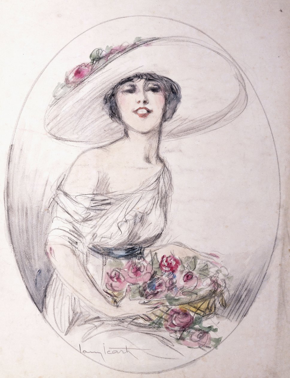 Pige med buket blomster af Louis Icart