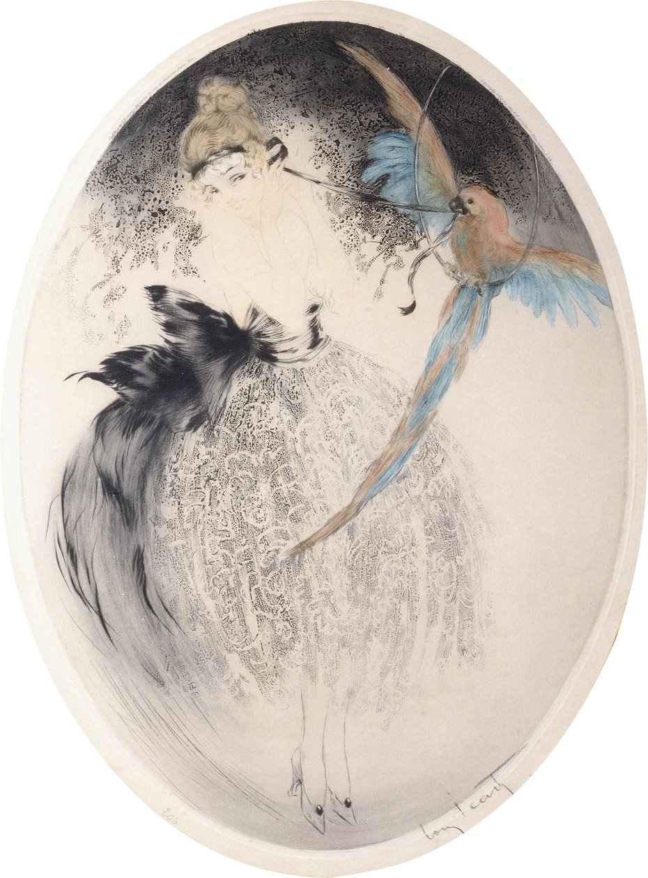 Dame med papegøje af Louis Icart