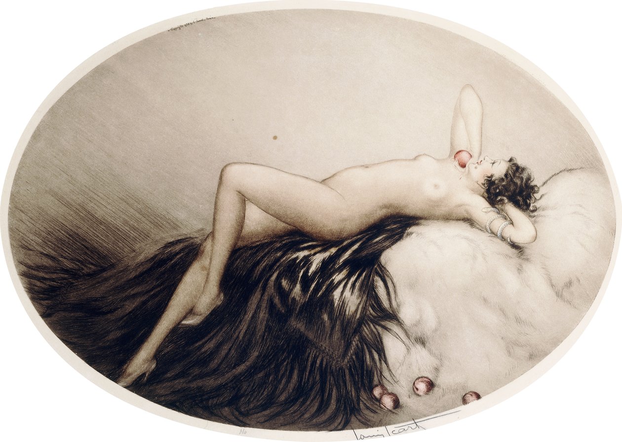 Liggende nøgen med æbler af Louis Icart
