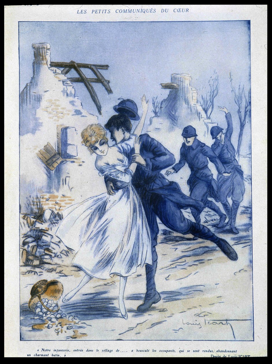 Soldater på vej ind i byen, en kysser en kvinde, "" charmerende bytte"", Illustration af Louis Icart (1888-1950) I "" Fantasio"" 15/12/1915 af Louis Icart