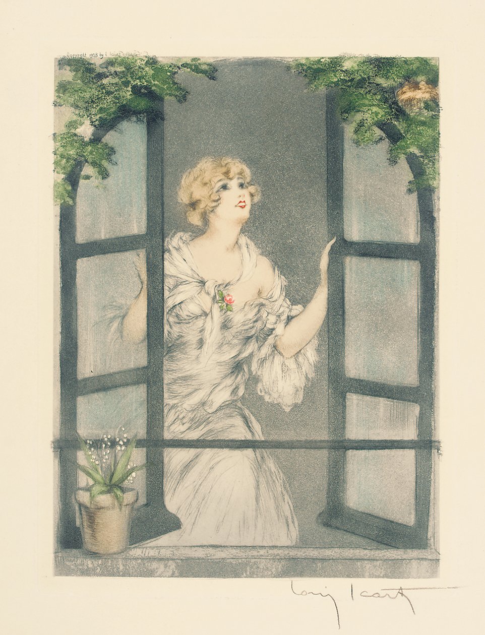 De fire årstider: forår, ca. 1928 (håndfarvet tørnål og akvatint) (se også 745548-51) af Louis Icart