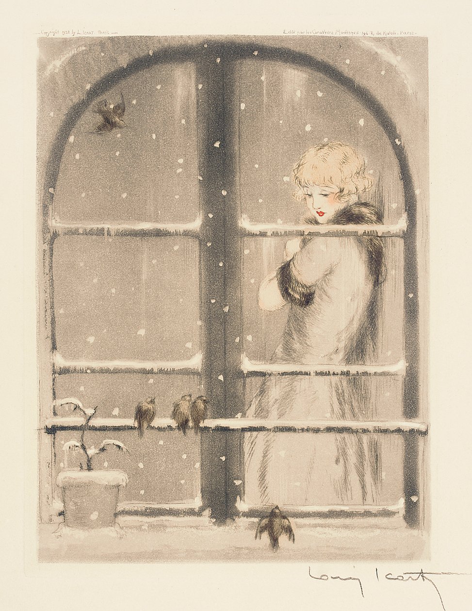 De fire årstider: vinter, ca. 1928 (håndfarvet tørnål og akvatint) (se også 745548-50) af Louis Icart