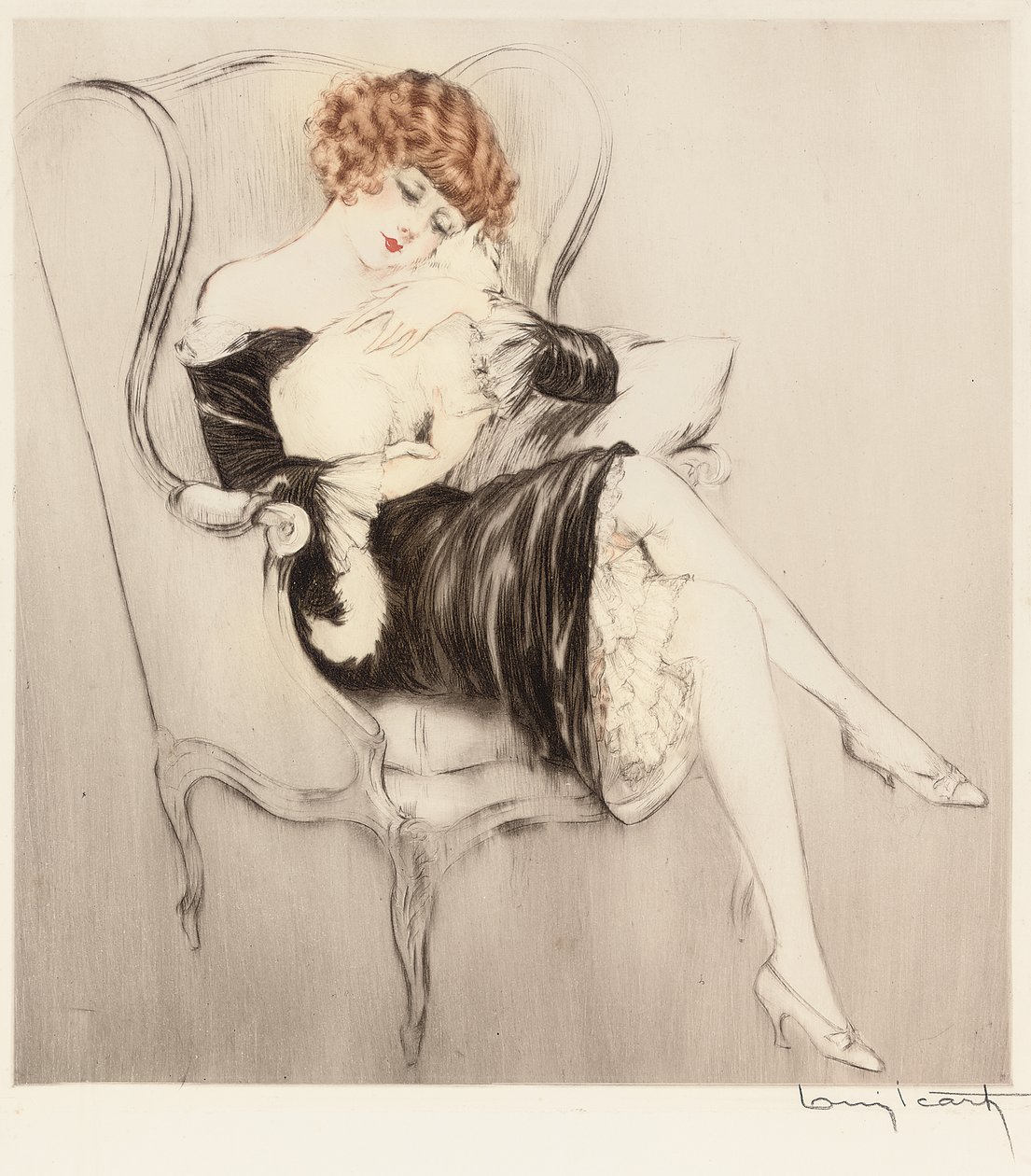 The Sleeping Cat (håndfarvet radering og akvatinte) af Louis Icart
