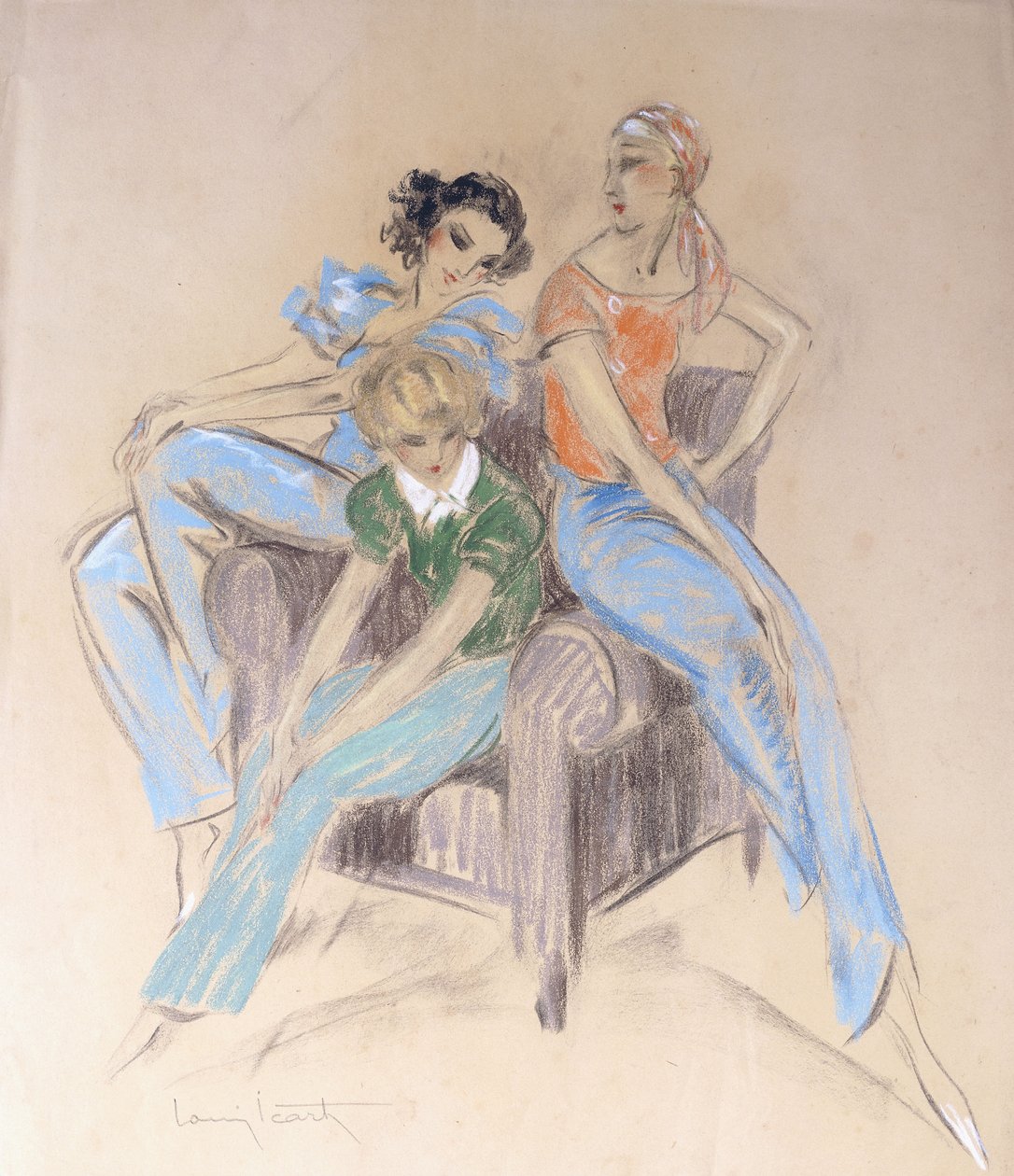 Tre piger siddende på en lænestol af Louis Icart