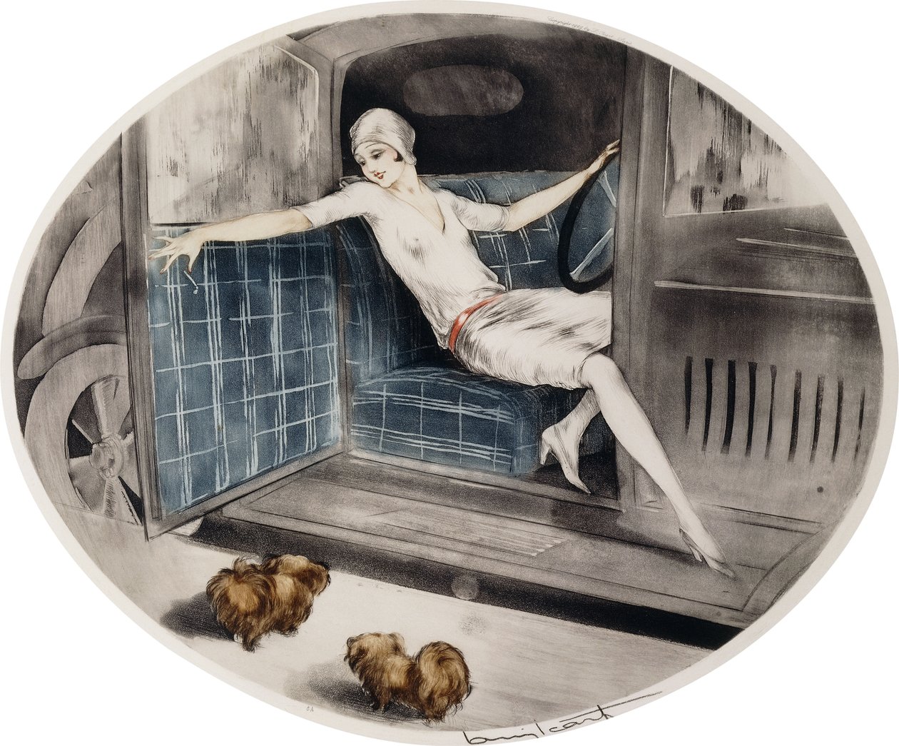 Kvinde i bil med to pekinesere af Louis Icart