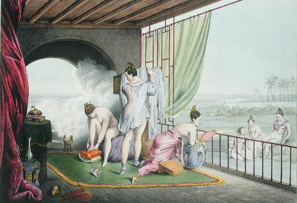 Badende ved deres toilet, udgivet 1824-27 (farve litho) af Louis Jacques Nicolas Schaal