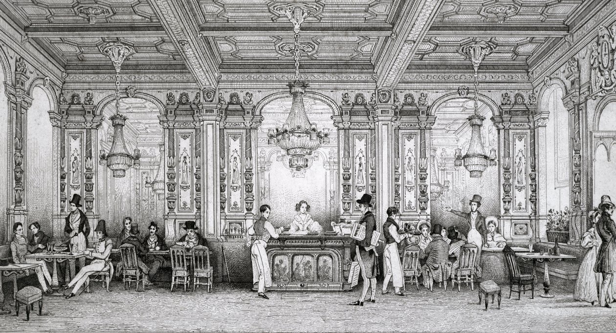 Cafe de la Banque de France bygget af arkitekten Dusillon og beliggende Place de Victoire - Gravering af Schaal - 1839 - af Louis Jacques Nicolas Schaal