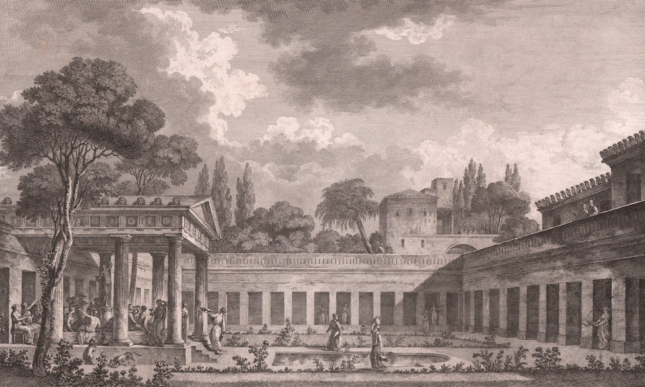 Ideel rekonstruktion af Villa of Diomedes i Pompeji til sin oprindelige tilstand før vulkanudbruddet af Vesuv i 79 e.Kr., Campania, Italien, radering efter tegning af Louis Jean Desprez (1743-1804), ca 21x34 cm af Louis Jean (after) Desprez