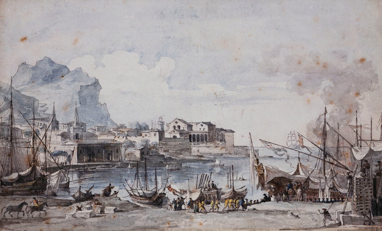 Udsigt over havnen i Palermo, 1777 af Louis Jean Desprez