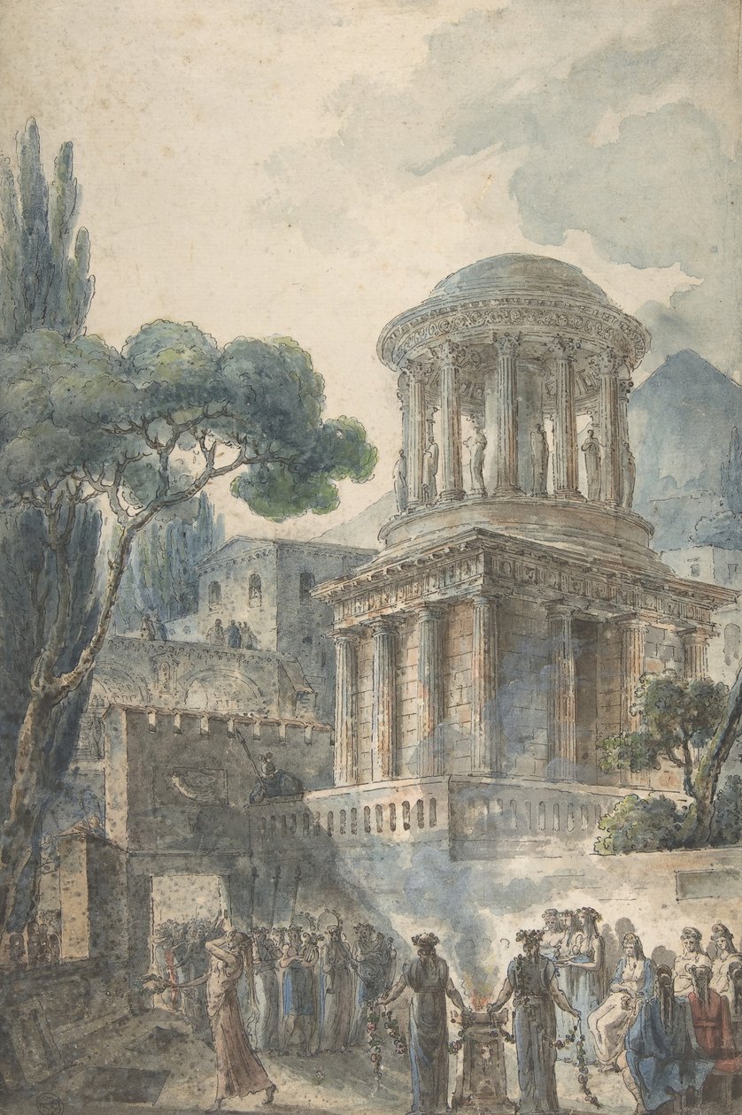 Gammel scene med en begravelsesceremoni for en skuespiller, ca. 1777. af Louis Jean Desprez