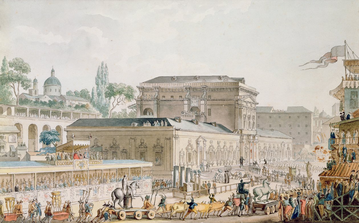 Antikviteter fundet ved Herculaneum bliver transporteret til Napoli-museet, ca. 1782 (pen, blæk og wc på papir) af Louis Jean Desprez