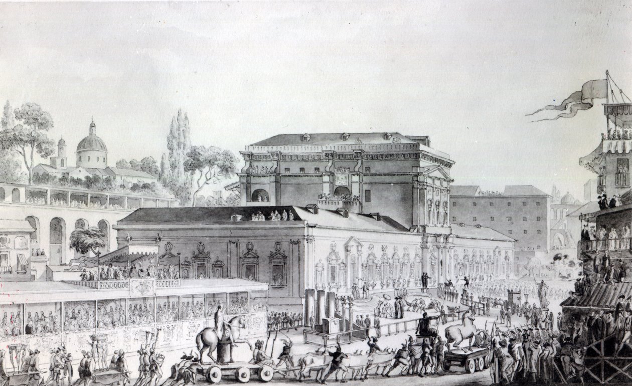 Antikviteter fundet ved Herculaneum bliver transporteret til Napoli-museet, ca. 1782 (pen, blæk og akvarel på papir) af Louis Jean Desprez