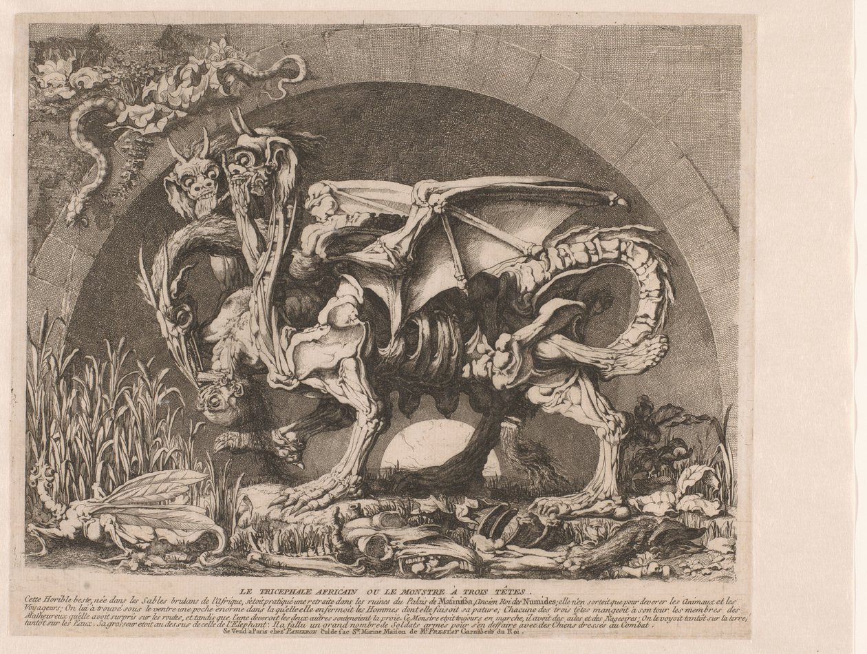 Kimær Chimaera The Chimera of Monsieur Deprez (original titel) Det afrikanske trehovedede monster eller det trehovedede monster (titel på objektet) af Louis Jean Desprez